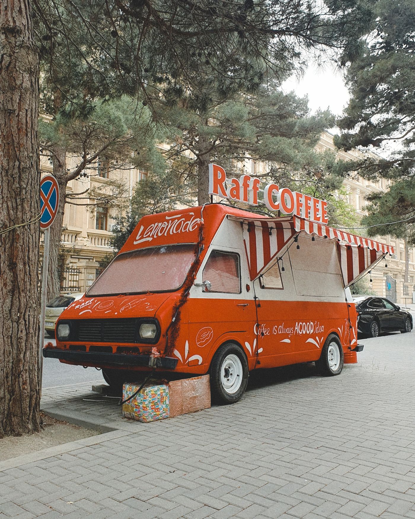 Brew Wagon mobile coffee van parked on the sidewalk